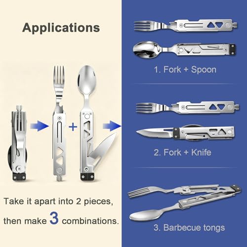 5-in-1 Camping Utensils Set with Pouch - Folding Fork Knife Spoon