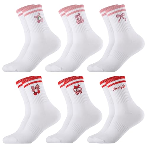 Cute Cherry Crew Socks for Women and Girls - 6 Pairs White Socks