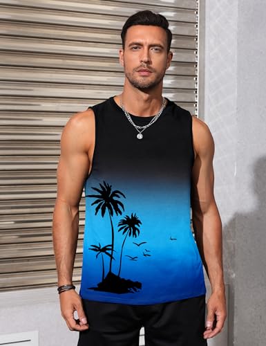 Men's Tank Top Beach Shirt 4X-Large Black & Blue Graphic Palm Tree Vacation Muscle Gym Sleeveless