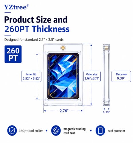 YZtree 50 Pack 260pt Magnetic Card Holders - Clear Ultra Slim One Touch Collectible Card Protectors