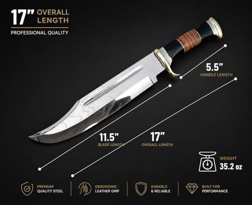 Large 17-Inch Survival Bowie Knife with Leather Sheath - Hunting Camping Fixed Blade