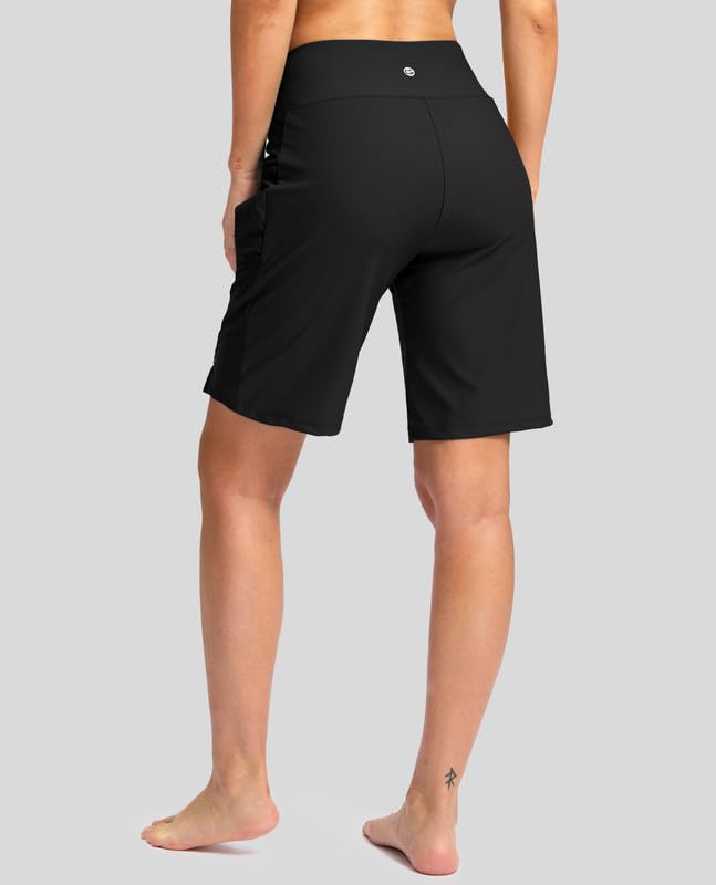 Women's 9-Inch Long Swim Board Shorts with Pockets - X-Large Black