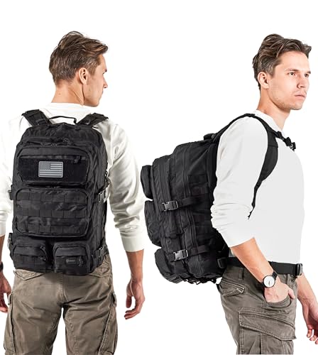 Falko Tactical 50L Heavy-Duty Military Molle Backpack - Black, Extra-Heavy Fabric, 2.4x Strength, Large Bugout & Outdoor Rucksack