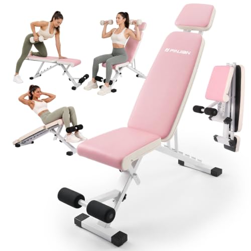 PIN JIAN Pink Adjustable Foldable Workout Bench - L, Full Body Gym Equipment