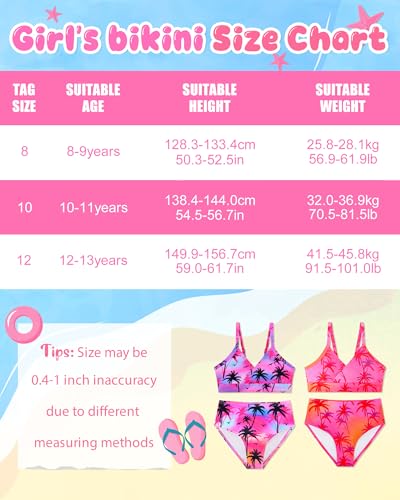 Girls 2-Piece Swimsuit Bikini Set with Adjustable Shoulder Straps - Pink Gradient Coconut Tree / 12