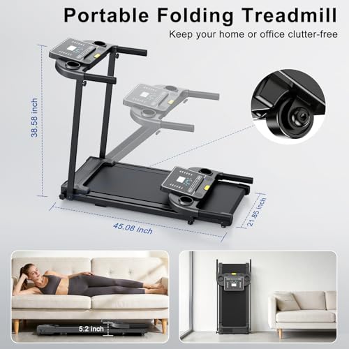 Foldable Home Treadmill with Handle Bar - Compact Quiet Running Machine - Dark Black