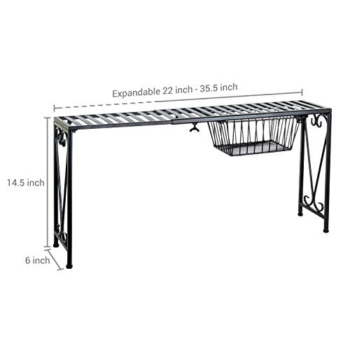 MyGift Black Expandable Over Sink Shelf with Pull-Out Mesh Drawer - Adjustable Kitchen Organizer
