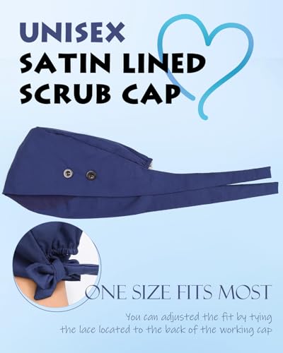 Black Navy Satin Lined Scrub Cap with 4 Buttons - Nurse Hat for Women Men