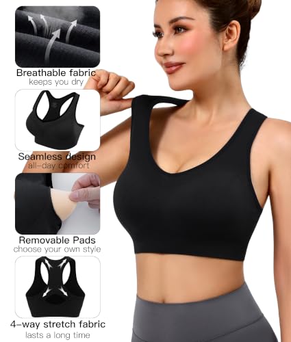 Double Couple Sports Bras for Women Large Black Blue Grey High Impact Workout Racerback