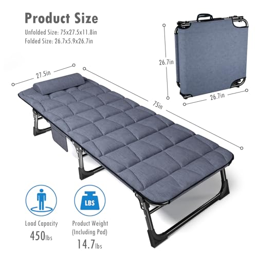 Folding Camping Cot for Adults with Adjustable Recline & Pillow - Portable Outdoor Bed