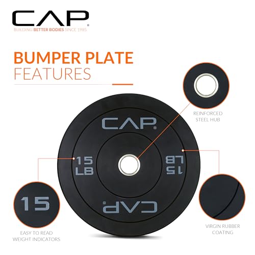 CAP Barbell Rubber Olympic Bumper Plate - 15lbs Pair, Medium Bounce, Multiple Colors