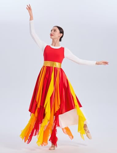 X-Large Red Metallic Praise Dance Dress for Women Rainbow Asymmetric Overlay Tunic Liturgical Worship Costume