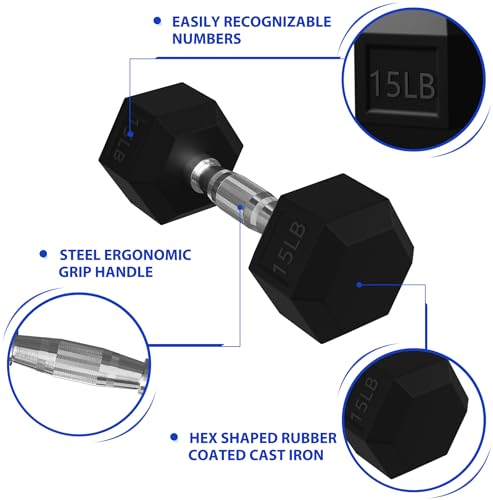 Black 60LB Signature Fitness Rubber Encased Hex Dumbbell Set with Rack