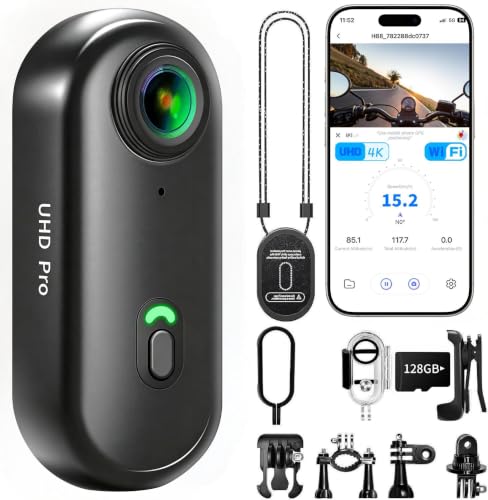 Asdanalili 4K Mini Action Camera with 128GB Memory Card, Waterproof, WiFi, Wearable, Black