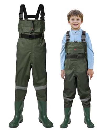 Kids Chest Waders with Boots - Youth Waterproof Fishing Waders for Boys - Green 2/3 Toddler