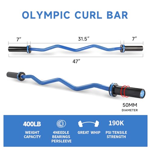 GUQUAN Blue Olympic EZ Curl Barbell 2 Inch 4ft Weightlifting Bar for Home Gym