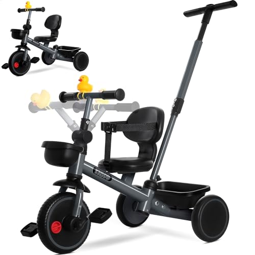 KRIDDO 2-in-1 Parent Steering Toddler Tricycle Grey for Ages 1.5-5 Years