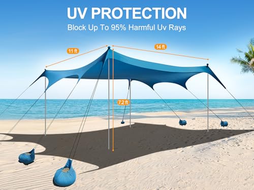 Large Beach Sun Shelter Tent 11x14ft UPF 50+ Shade Canopy with Aluminum Poles
