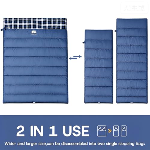 FJALLNOK Queen Size Cotton Flannel Double Sleeping Bag - Blue, 3-Season Warm Camping Bed for Adults