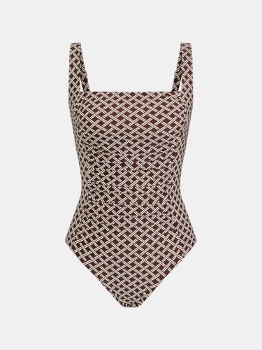 Women’s One Piece Swimsuit Square Neck Bathing Suit Ruched Tummy - Medium, Deep Wine/Geo
