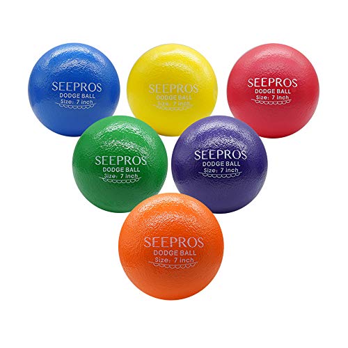 7 Inch Foam Dodgeball Set for Kids & Adults - Soft Skin, Low Bounce, 6 Balls with Mesh Storage Bag