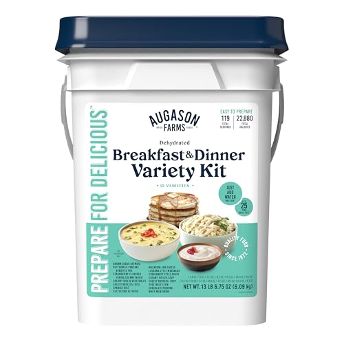 Augason Farms 13 Meal Deluxe Emergency Food Supply Pail - Long Shelf Life, Ready-to-Eat Breakfast & Dinner Varieties