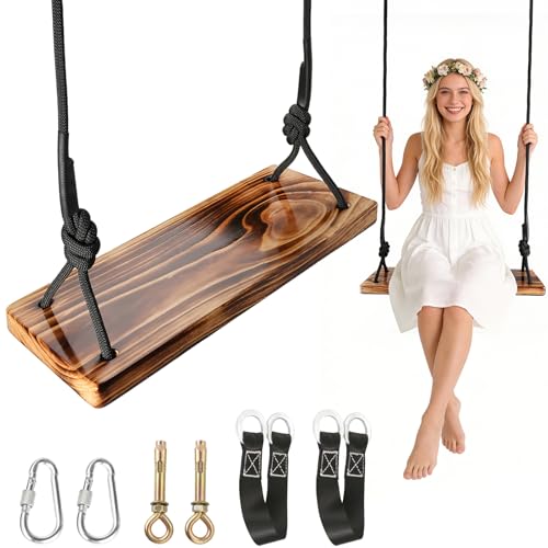 Aspelev 24x8 Carbonized Wooden Tree Swing Seat - Heavy Duty 500 lb Capacity, Adjustable Rope & Straps for Indoor & Outdoor Use
