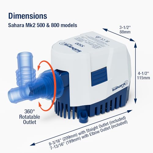 Attwood Sahara MK2 S500 12V Automatic Bilge Pump 500 GPH with Fittings - Replacement for 4505-7