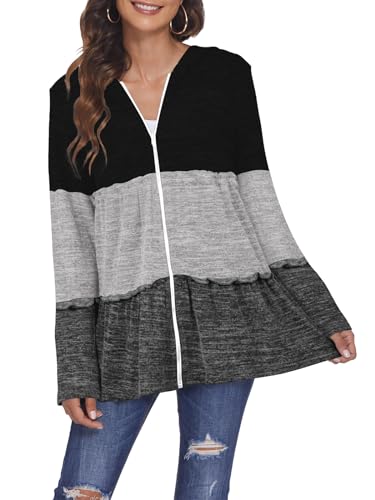Women’s Zip-Up Hoodie with Pleated Tiered Design Casual Long Sleeve Sweatshirt Jacket