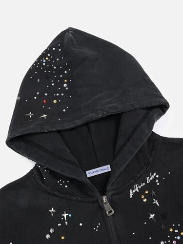 Unisex Oversized Zip Up Hoodie - Black Medium Rhinestone Star Jacket