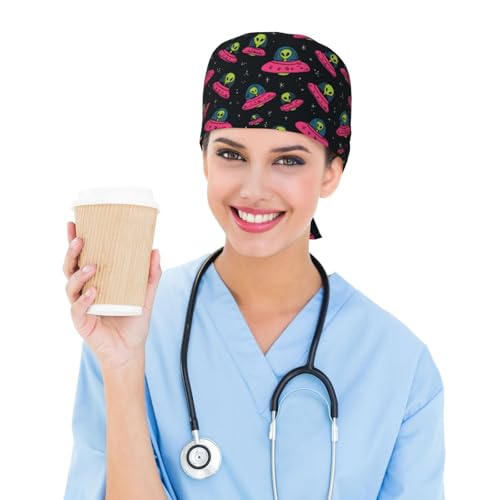 Adjustable Scrub Cap with Sweatband - Breathable Work Hat for Men Women - Alien in Cup