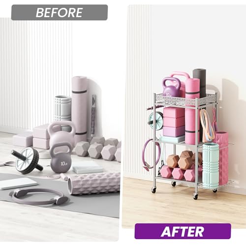 VOPEAK Gray 3-Tier Yoga Mat Storage Rack with Wheels & Hooks for Home Gym