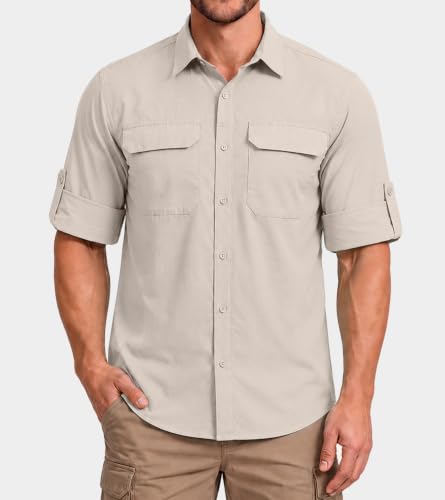 Men's UPF 50+ Long Sleeve Fishing Shirt - Khaki, Large, Sun Protection Hiking Tee