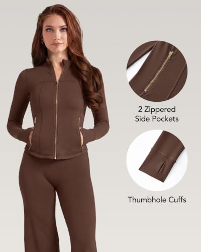Women Zip Workout Set with Flare Leggings - Chocolate Medium Size