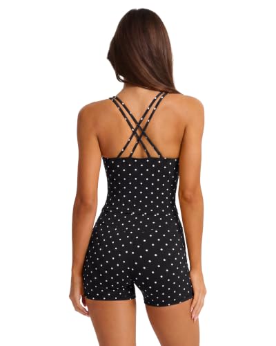 Women’s 2-Piece Workout Sets with Padded Yoga Tops & High-Waisted Biker Shorts - Black Polka Dots, Medium