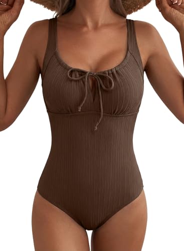 Large Coffee Textured Womens One-Piece Swimsuit Tummy Control Tie Knot Cutout Bathing Suit