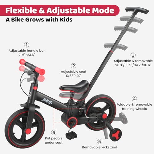Black 12-Inch Foldable 6-in-1 Toddler Bike with Push Handle & Training Wheels