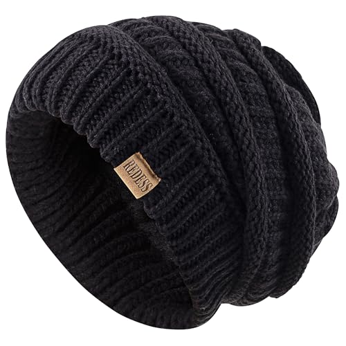REDESS Oversized Cable Beanie Hat for Men and Women - Black, One Size