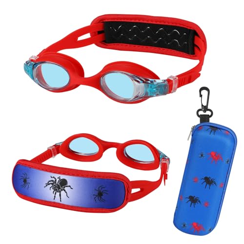 Toddler Swim Goggles 2 Pack - No Hair Pull Kids Goggles with Padded Strap, Ages 3-8, Spider & Bat Variation
