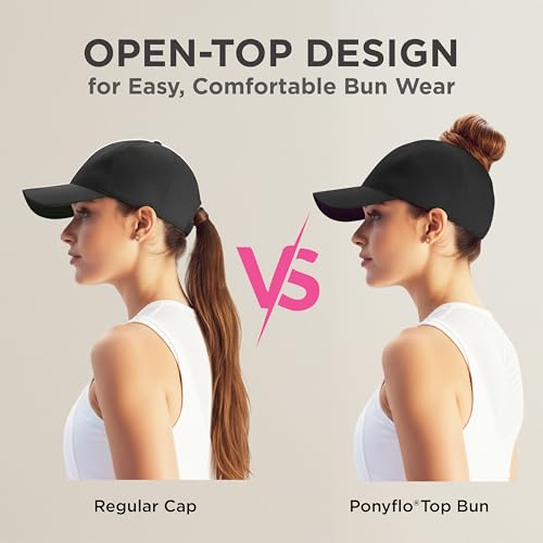 Women's Active High Bun Baseball Cap - Black - Sporty Hair-Friendly Hat