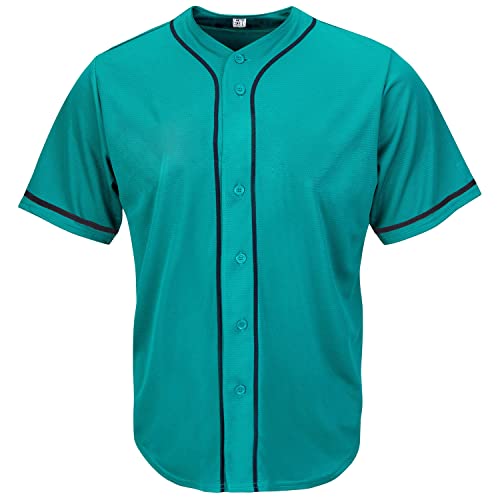 Men Women Baseball Jersey Full Button Short Sleeve Shirt Large Black Stripe Aqua Variation