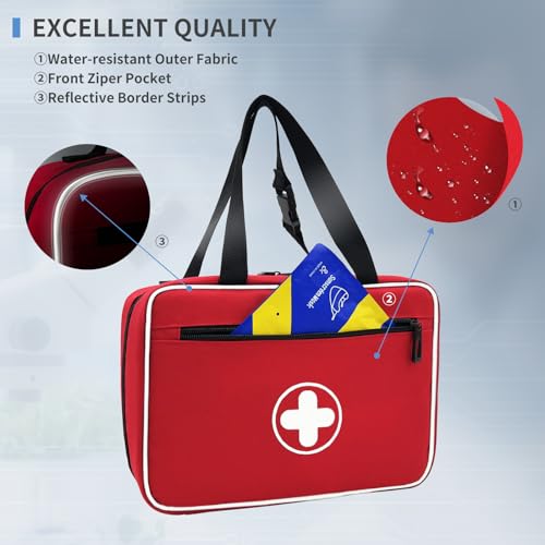 Portable First Aid Bag - Emergency Trauma Kit with Reflective Strips - Red