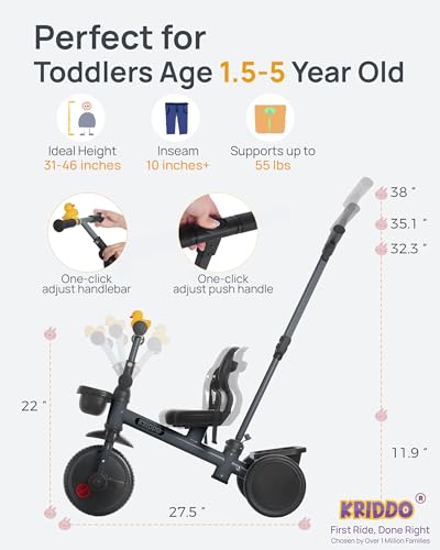 KRIDDO 2-in-1 Parent Steering Toddler Tricycle Grey for Ages 1.5-5 Years