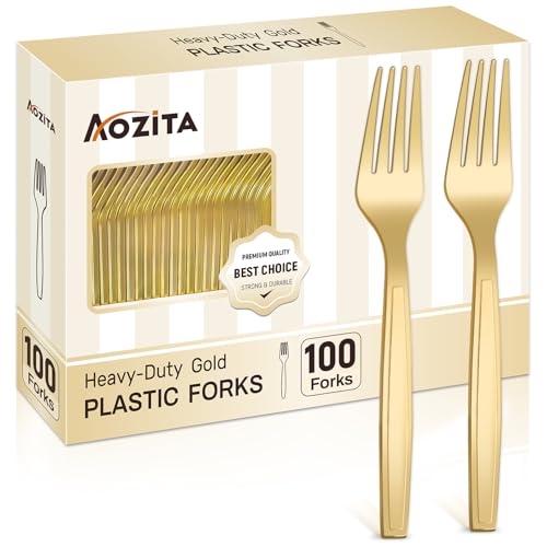 Gold Disposable Forks 100 Pack - Heavy Duty Plastic Utensils for Parties