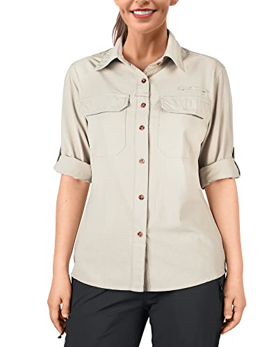 Women's UPF 50 Sun Protection Shirt Long Sleeve Outdoor Fishing Hiking Safari - Medium Light Khaki