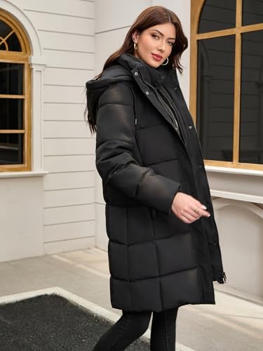 Women's Medium Black Winter Puffer Coat with Fleece Lining & Hooded Belt - Haianguoji