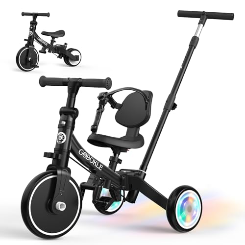 Black 5-in-1 Convertible Toddler Tricycle with Push Handle & Light-Up Wheels