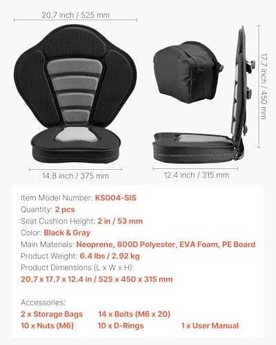 VEVOR 2 Pack Kayak Seat with Adjustable Back Support & Waterproof Storage Bag - Thickened Paddle Board & Canoe Seat