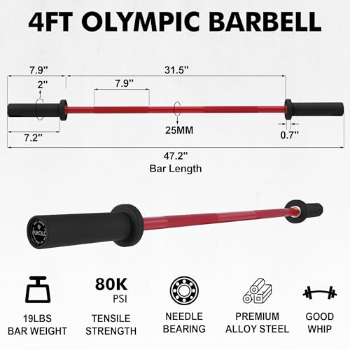 Red 4ft Olympic Curl Barbell for Biceps & Triceps - Knurled Grip, 500LB Capacity