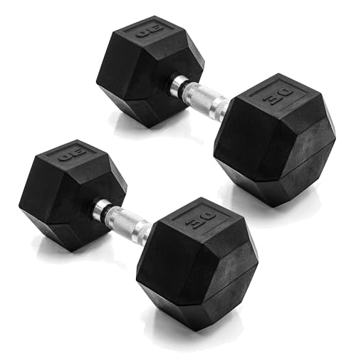 CAP 30 lb Chrome Handle Rubber-Coated Hex Dumbbells - Pair, Anti-Roll Home Gym Weights